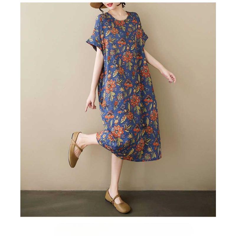 Sommer Dünnes Baumwoll- und Leinen Retro Midilanges Kleid mit Femininen Temperament