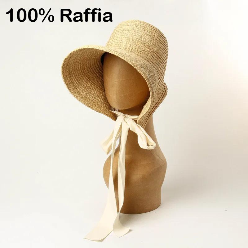 Freedom Outdoors Women's 100% Raffia Summer Protection Loli Hat Ins Designer Big Wide Brim Straw Hat Outdoor Beach Travel Sun Hat With Chin Strap 56-58Cm