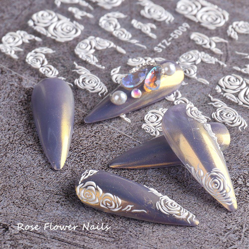 DIY Manicure French Embossed Flower Winter Sliders Nail Stickers White Wedding Design 5D Acrylic