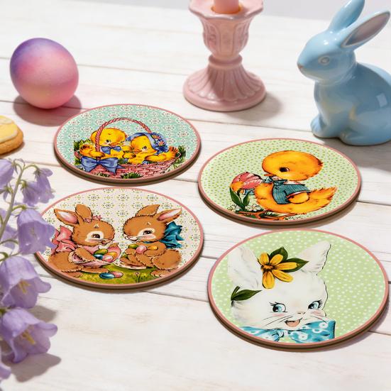 Tabletop Drink Holders 4PCS Easter Flower Coasters Set, Thick Cork Base Non-Slip Heat Resistant Non Slip Wood Coasters, Floral Print Decorative