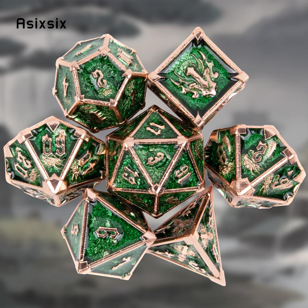 7 Pcs Green Golden Skull Metal Dice Solid Metal Polyhedral Dice Set Suitable for Role-Playing RPG Board Game Card Game