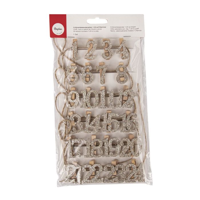 Number. Wood p.Advent Calendar s.Clip, Cashmere Gold, Av. Jute Cord, 1 Kit