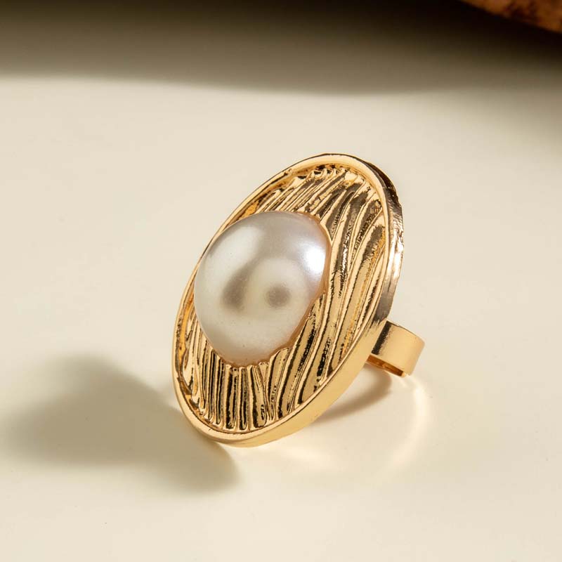 Vintage Gold Color Imitation Pearl Flower Open Rings For Women Exaggerated Metal Irregular Geometric Finger Rings Jewelry