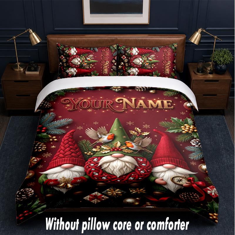 Gnome Theme Custom Text Or Name 3Pcs Bedding Set,1 Flat Sheet & 2 Pillowcases Personalized Home Bedding
