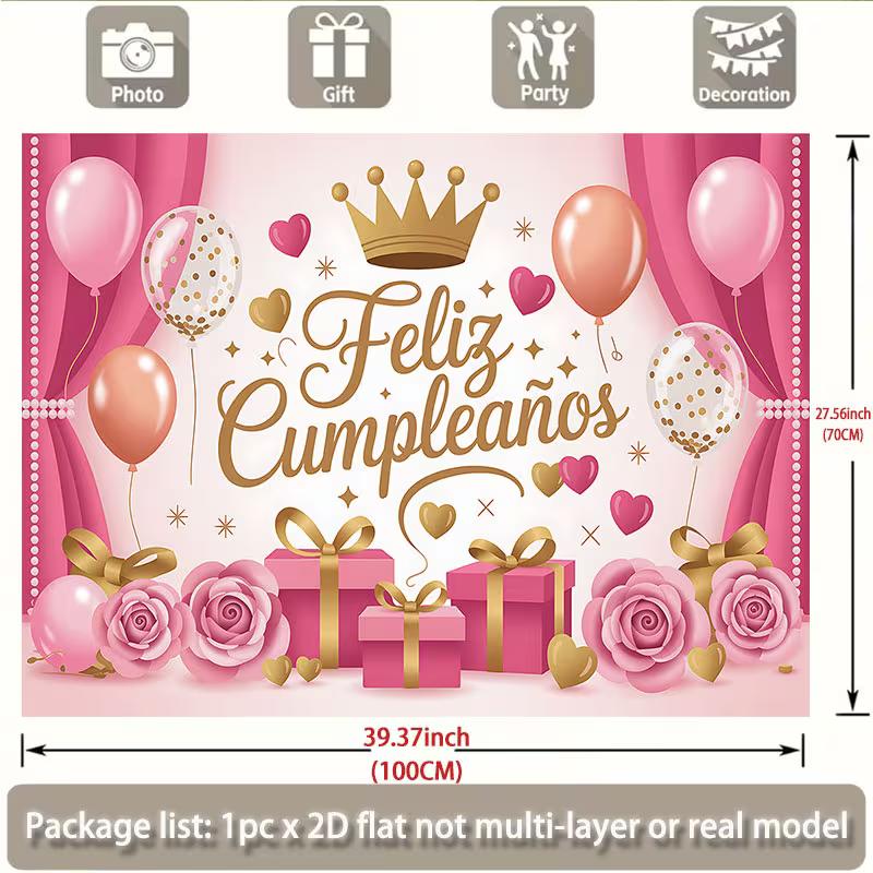 2D Pink Gold Crown Feliz Cumpleaños Backdrop for Princess Birthday Party