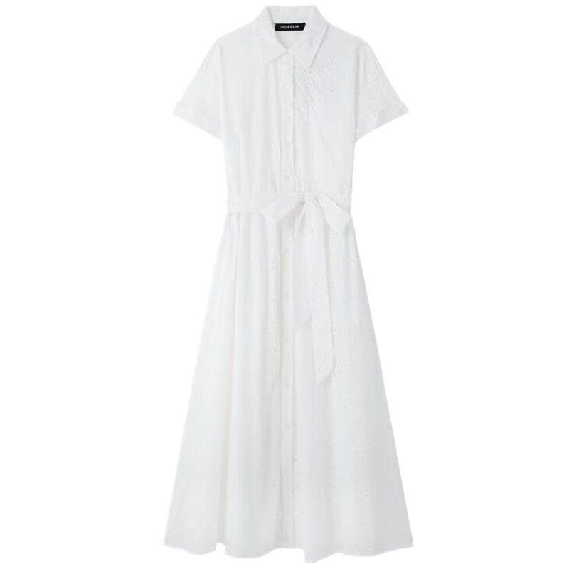 

Western Style 2024 Summer New Women clothes With Belt Hollow Embroidery Mid-Length Dress 7977112 White L