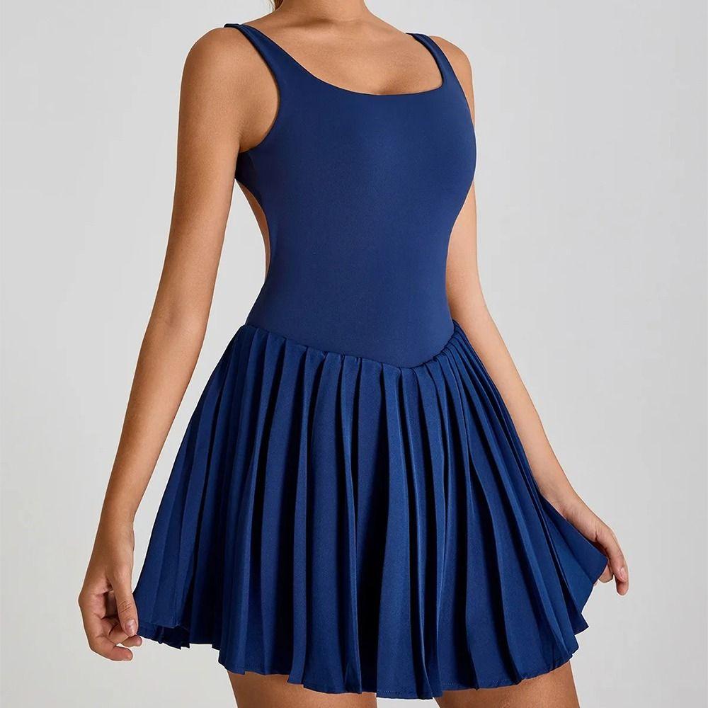 Sleeveless Women Tennis Dress Lace Up Badminton Skirts Casual Workout Romper Dress Gym Workout