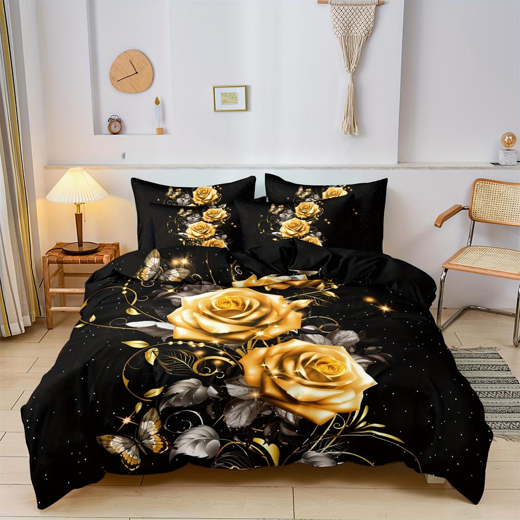 3Pcs Luxurious Golden Rose Butterfly Quilt/Doona/Duvet Cover Set - Soft, Breathable Bedding For Bedroom And Dorm Room Aesthetics