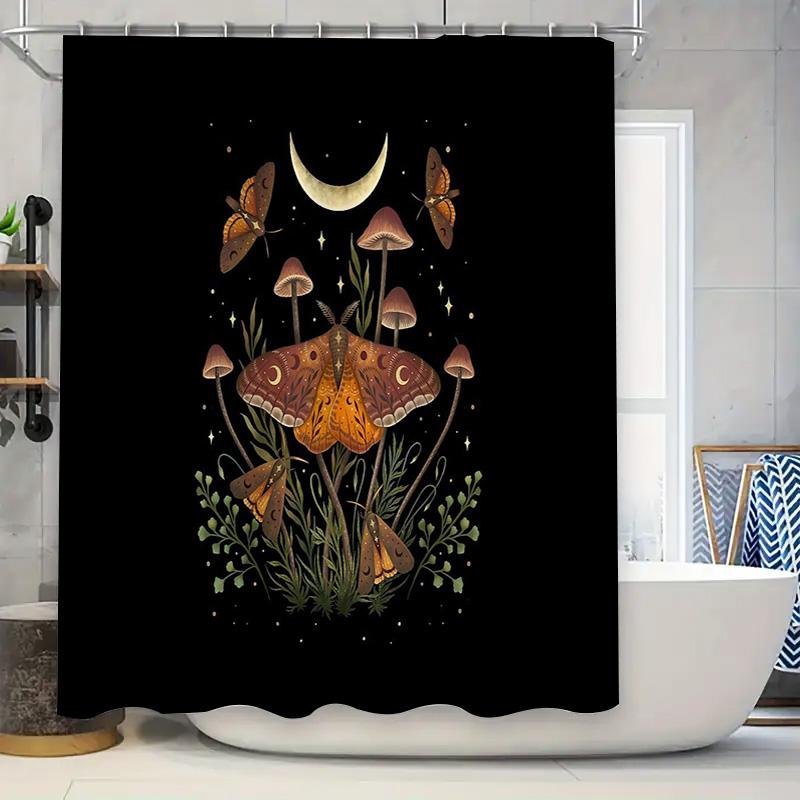 

Mushroom Moth Shower Curtain Nature Forest Cottagecore Aesthetic Home Decor Vintage Gothic Dark Academia Room Divider Backdrop W60H190(CM)-1 Pcs