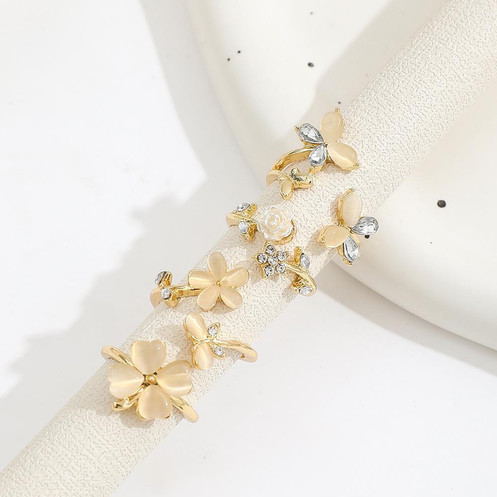ins Multi-element imitation pearl rose flower star open ring Rhinestone Butterfly Flower Stackable Ring4Set
