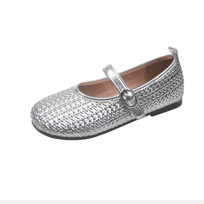 

2025 summer new versatile woven Mary Jane shoes women s shoes wear one-word buckle with soft sole small fragrant wind light mouth single shoes 40 серебряный