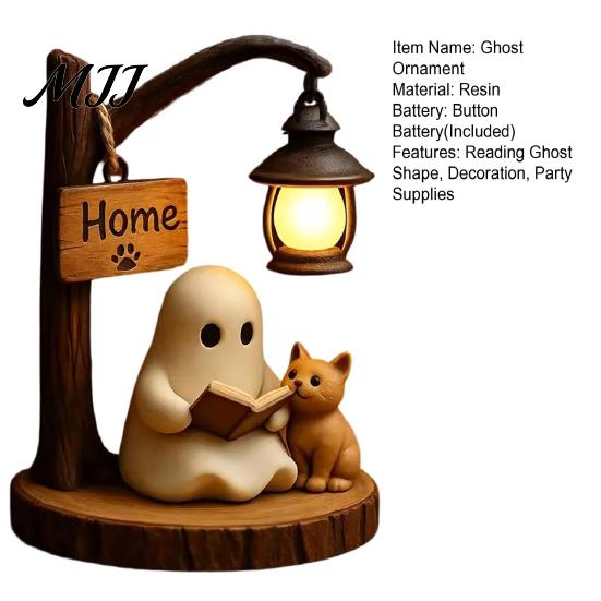 Holiday Ghost Figurine Halloween Reading Figurine, LED Light-up Street Light Resin Cat Statue Statue, Desktop Decoration for Party