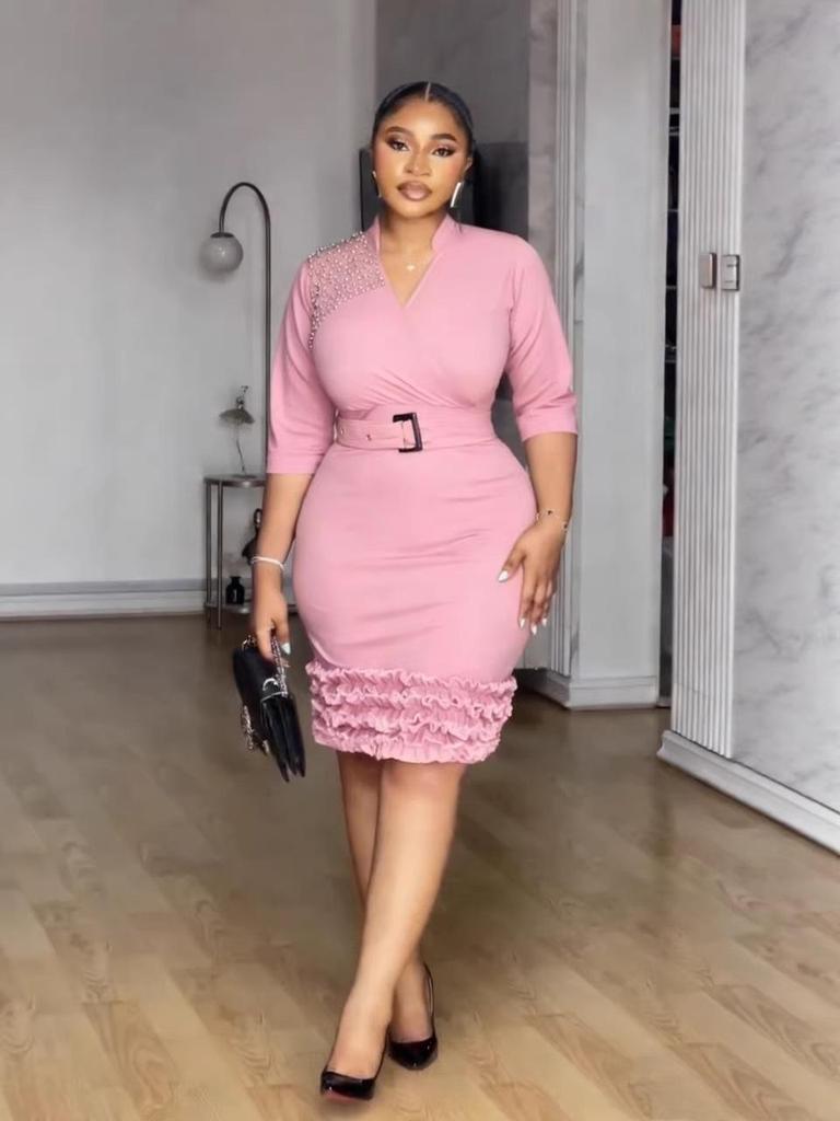 European & American Women's V-Neck Pleated Beaded Ruffle Bodycon Dress - Spring/Summer 2026 Collection