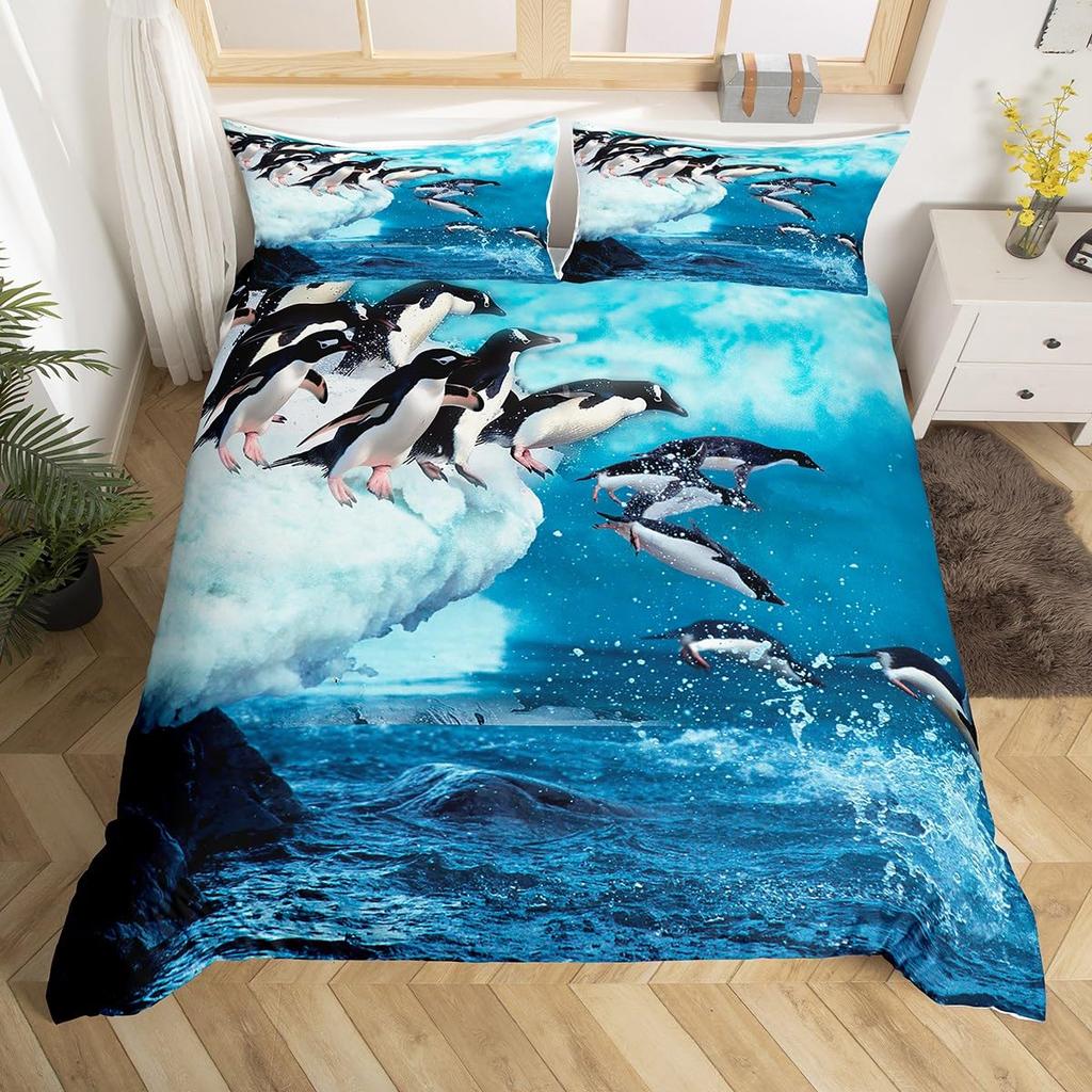 Cute Penguin Comforter Cover King Full Cartoon Animal Duvet Cover Watercolor Painting Bedding Set Antarctic Wildlife Quilt Cover