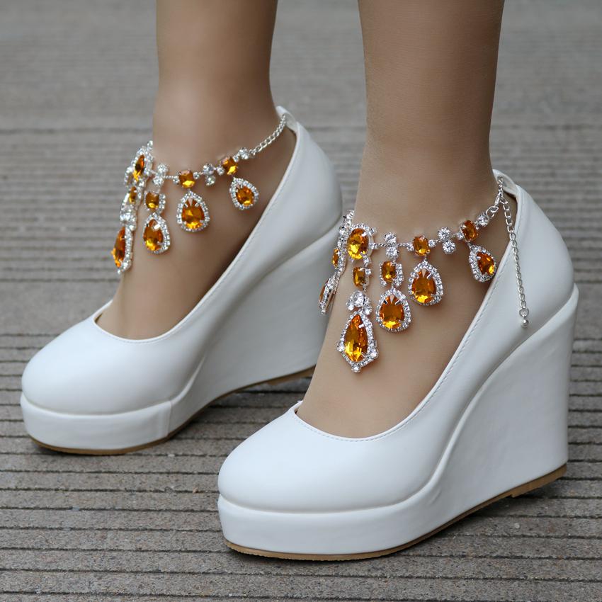 Ankle Strap Wedges Pumps Large Size Bridal Women Rhinestone Platform Shoes Mary Jane High Heels