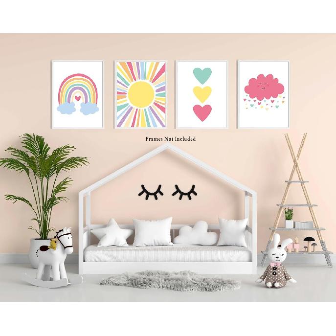 Pink Nursery Canvas Wall Art Rainbow Art Poster,Boho Rainbow Sun Hearts Canvas Wall Art,Kids Bedroom Baby Girls Toddler Pastel Wall Print for