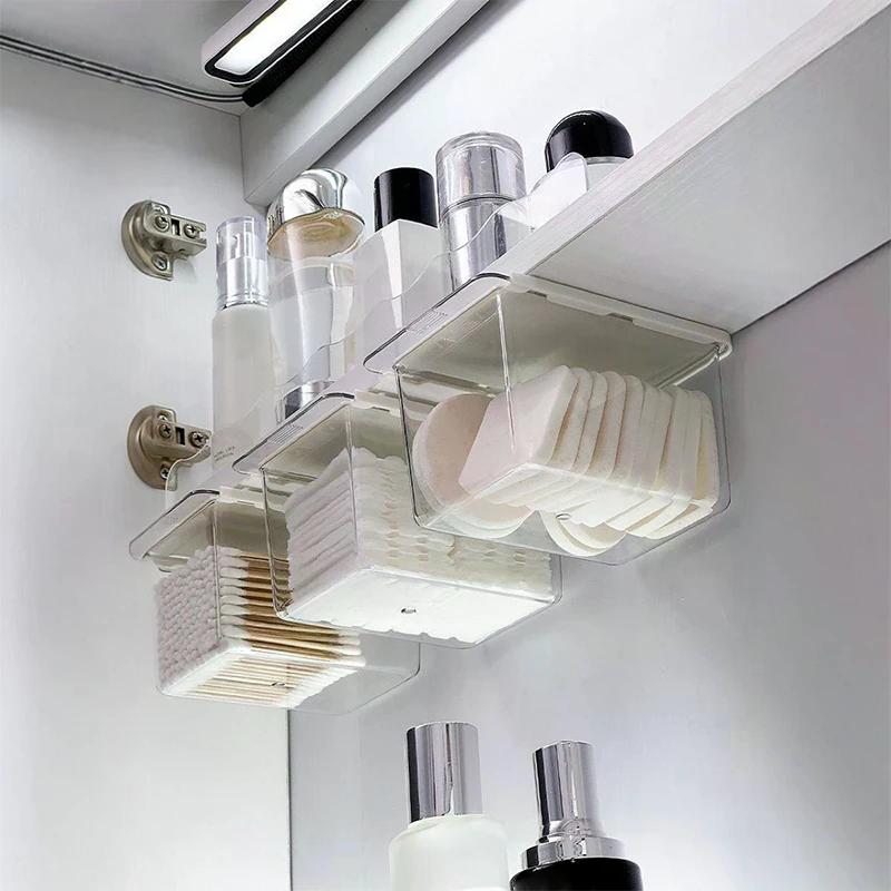 Transparente Badezimmer-Wattestäbchen-Make-up-Aufbewahrungsbox Ausziehbare Schublade unter dem Spiegel Schrankorganizer