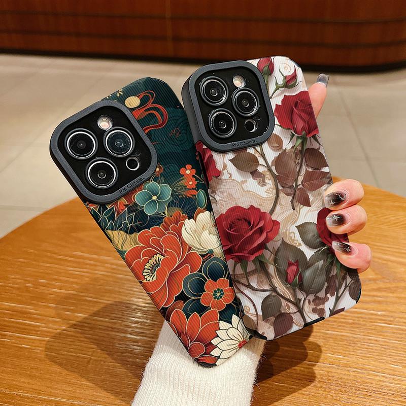 Funda Trasera de Cuero con Grano Vertical y Estampado Floral de Silicona Suave con Protección Completa para la Lente de la Cámara para Samsung