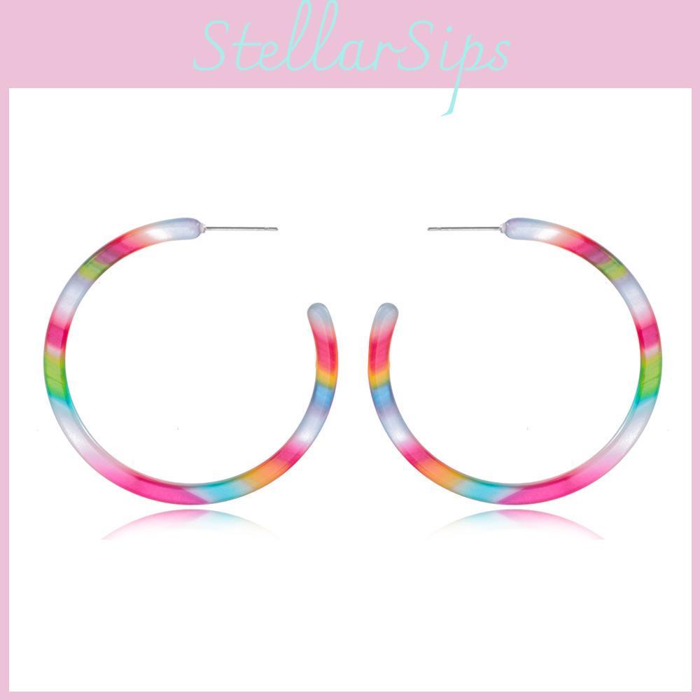 Fashionable C-shaped Rainbow Acetate Earrings Colorful Alloy Hoop Jewelry