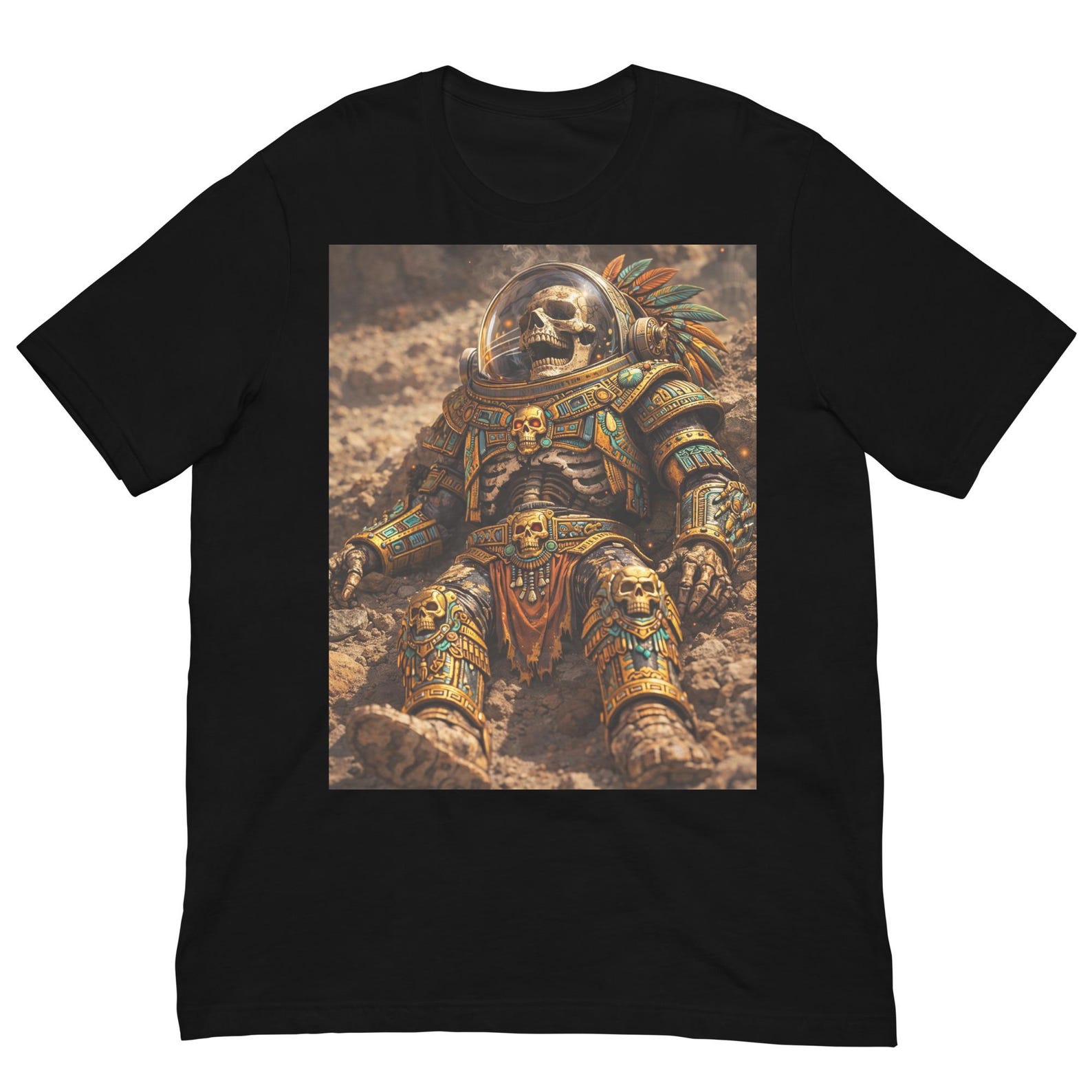 Aztec Space Skeleton Warrior T-Shirt, Cosmic Skull Astronaut Graphic Tee, Ancient Mexico Sci-Fi Shirt S