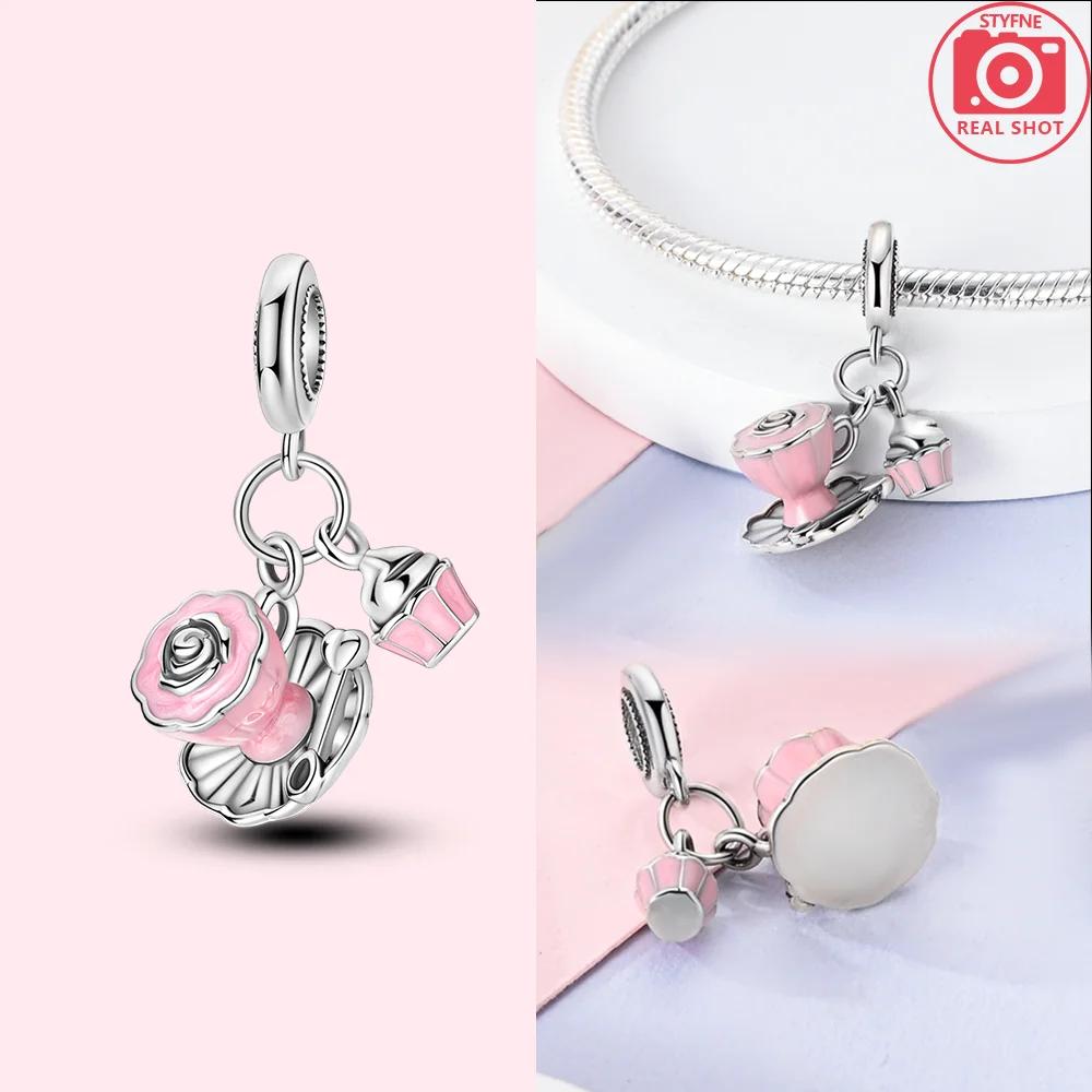 Original Charms Pink Colorful Doughnut Cake Ice Cream Coffee Cup Copper Beads Fit Women Bracelet Jewelry Diy Delicate Gift