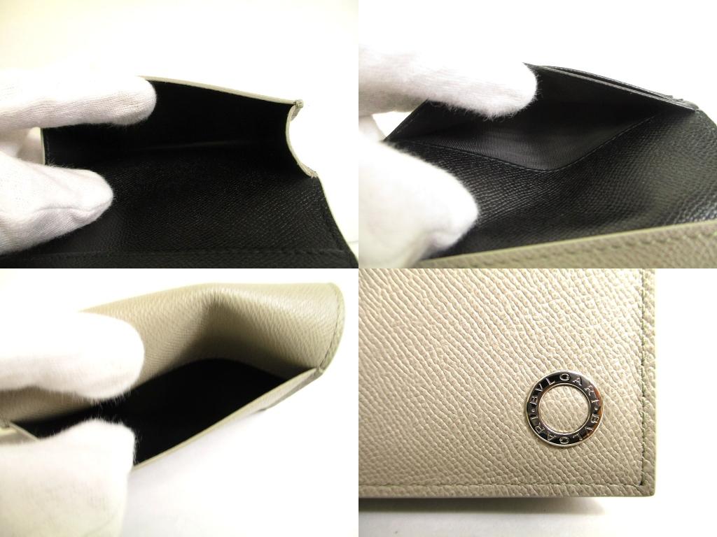 Authentic BVLGARI Light Gray Grain Calf Leather Business Card Case Card Holder #a998   Refurbished