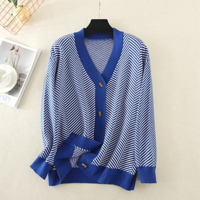 Autumn Women's Cardigan Sweater Women V-Neck Color Collision Loose Striped Sweater Jacket Long Sleeve Top