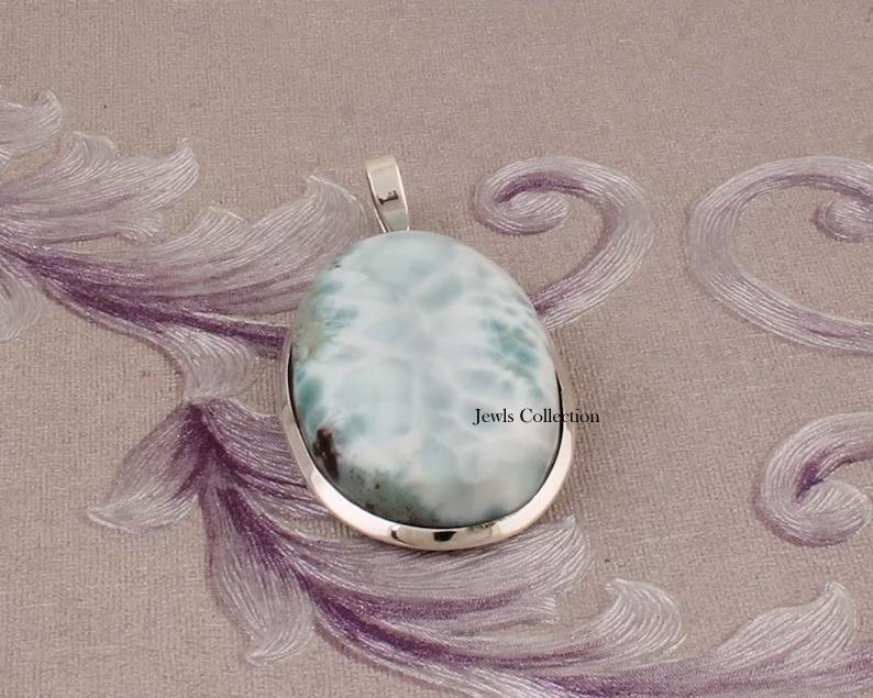 Natural Larimar Big Oval Gemstone Pendant, Healing Pendant, Reiki Pendant, Anniversary Gift, 925 Sterling Silver