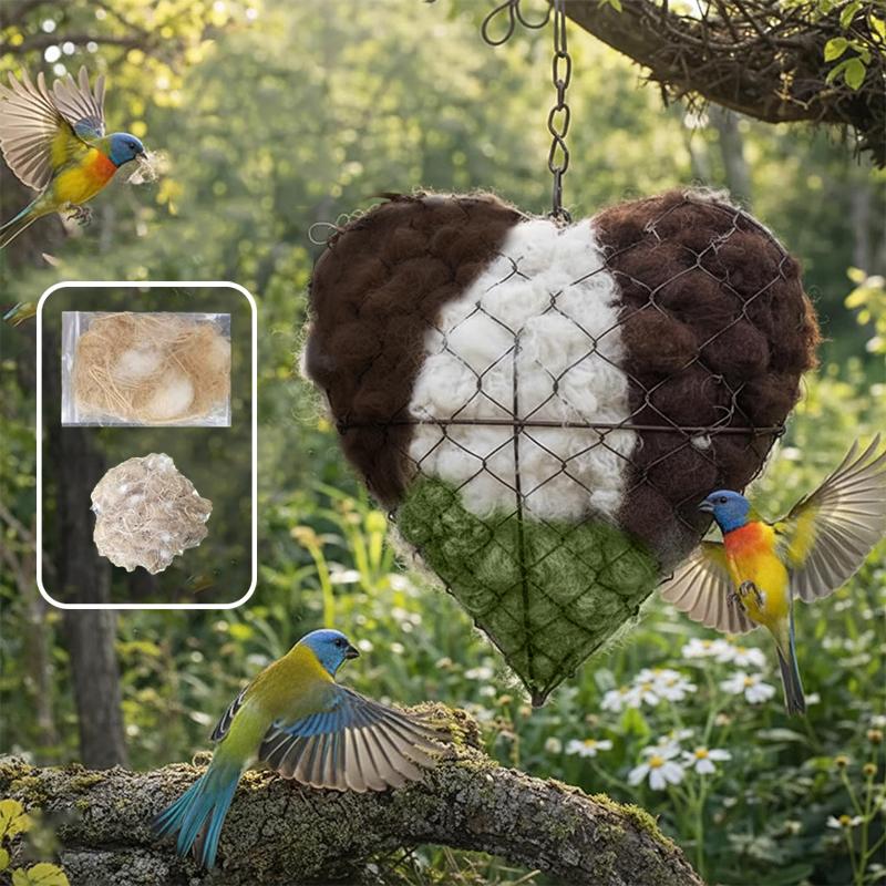 1Pcs Handmade Fiber Bird Nesting Heart, Refillable Birds Haven with 80g Nest Materials for Hummingbird