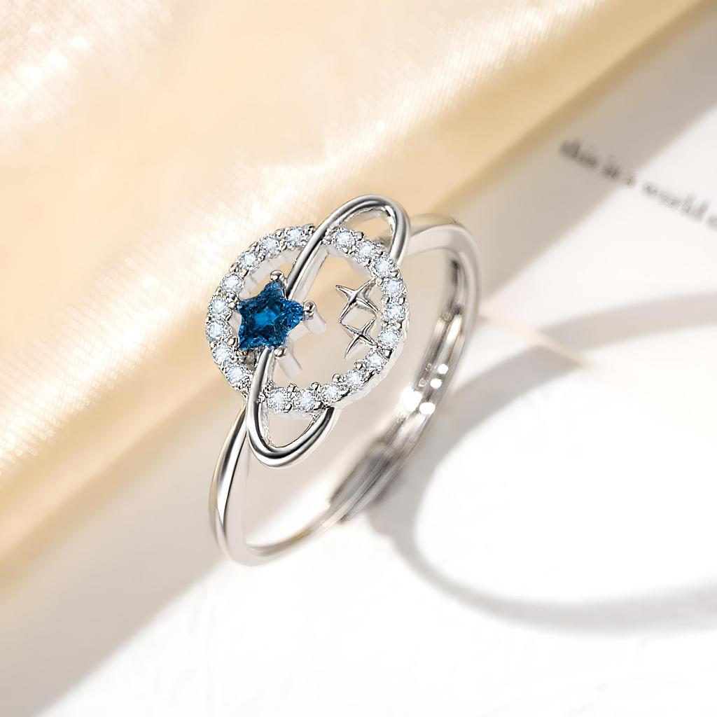 Adjustable Zirconia Ring with Blue Diamond Star Design