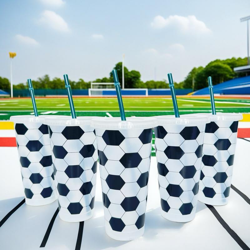 Ball Cups With Straws And Lids Football Plastic Reusable Cups Straws Sports Soccer Themed Birthday Party Supplies