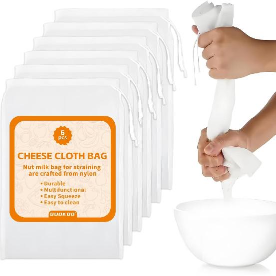 6PCS Cheese Cloth Bag for Straining, 200-Mesh 12 x 8 Inches Nylon Nut Milk Bag, Reble Food Grade Juicing Bags for Straining Fruit Juice, Yogurt, Nut