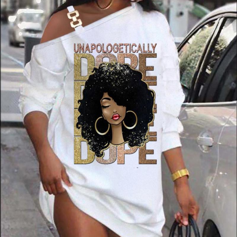 BITCED Damen Langarm Herbst Bedruckt Metallknöpfe Schräge Schulter Ausschnitt Knopfkleider