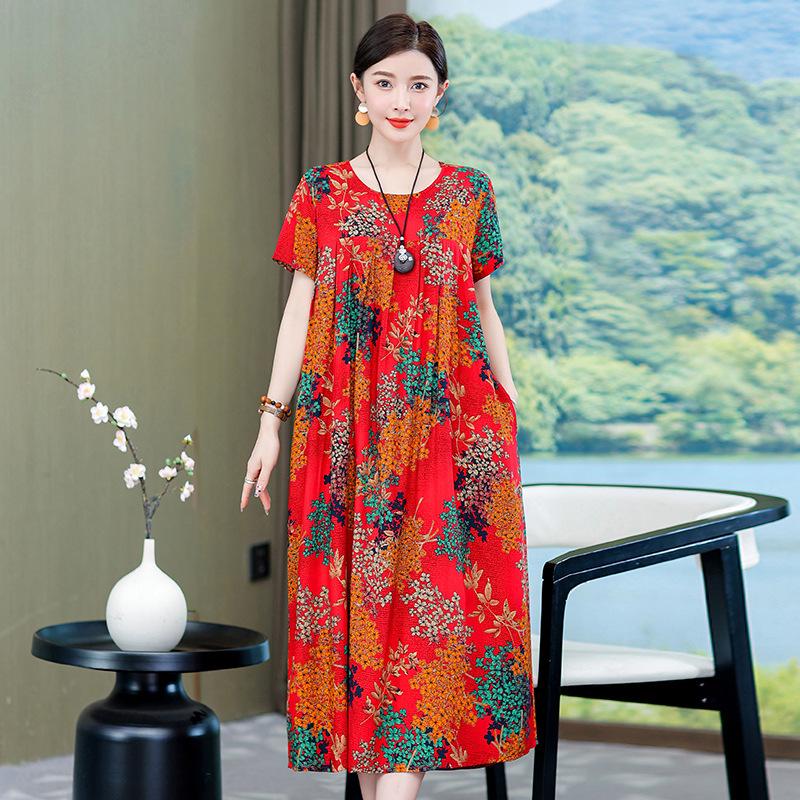 2 Neues hochwertiges florales Baumwoll-Seiden-Kleid für Damen-Sommer-Temperament, Bauchbedeckung für Mütter, große Größe künstliche Baumwolle langer Rock