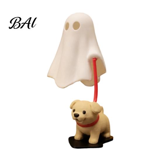 Whimsical Room Accessories Halloween Ghost Walking Dog Figurine, Cute Spooky Statue with LED Candle, 3D Printed Tabletop Ornament for Holiday