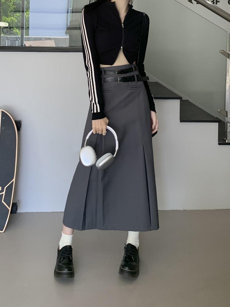 Vintage Belt Long Skirt Women Autumn 90s Aesthetic Streetwear Y2k High Waist Slim A-line Pleated Skirt Korean Style