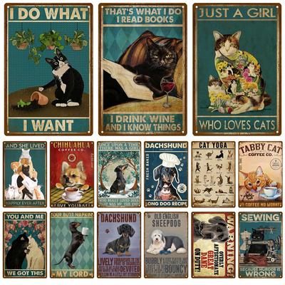 Retro Schwarze Katze Metall Vintage Poster Lustiger Hund Wandkunst Haustier Schild Café Wandbild Plakette Metallschild Blechschild Platte Badezimmer Heimdekor