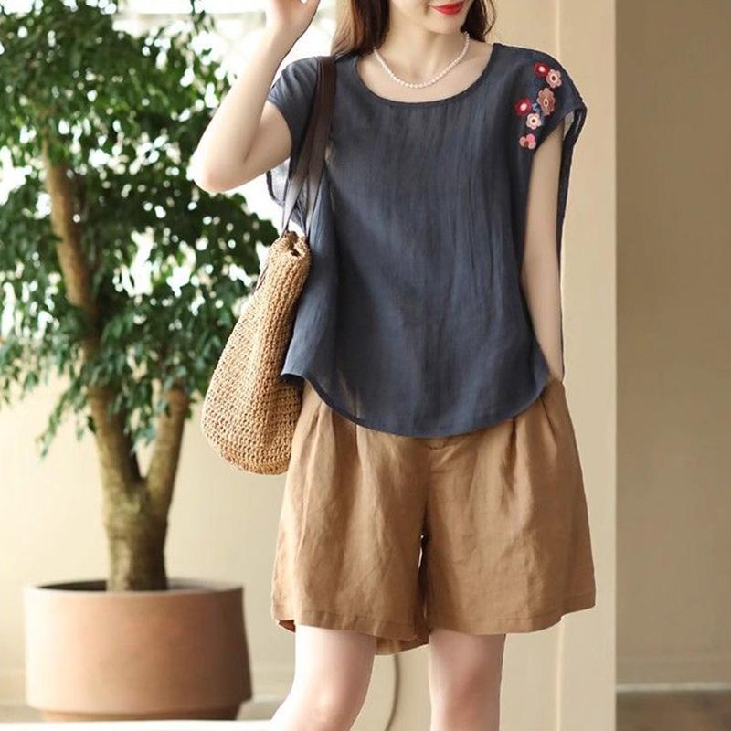 Tops Women Cotton Summer Large Size T-shirt Loose Printed Casual Linen Sleeveless Top Pullover T-shirt Top