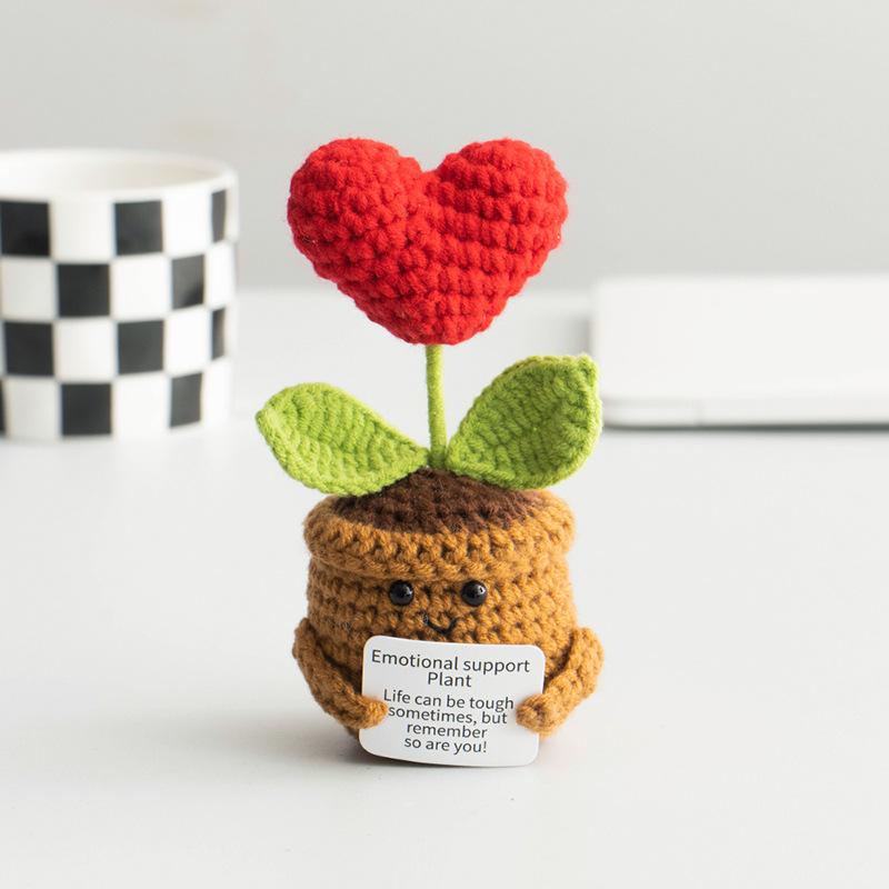 Positive Energy Heart Flower Rose Hand-woven Potted Home Room Decoration Finished Crochet Tulip Plants Ornament for Wedding Gift