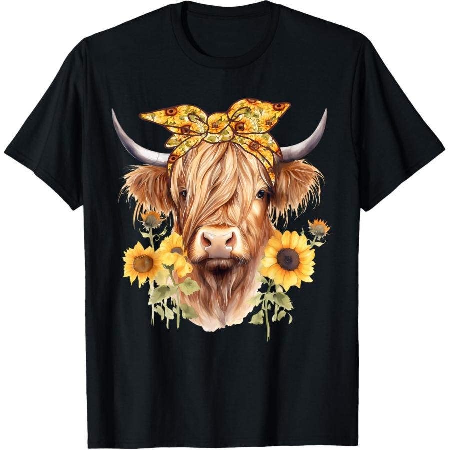 Cute Scottish Highland Cow Wearing Sunflower Bandana Heifer T-Shirt