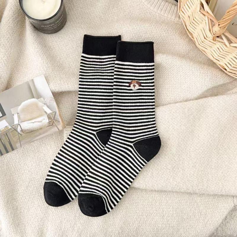 Women's Striped Embroidered Puppy Mid-calf Cotton Socks, Grey Simple Rolled-up Student Socks, Dui Dui Socks, Cute and Versatile