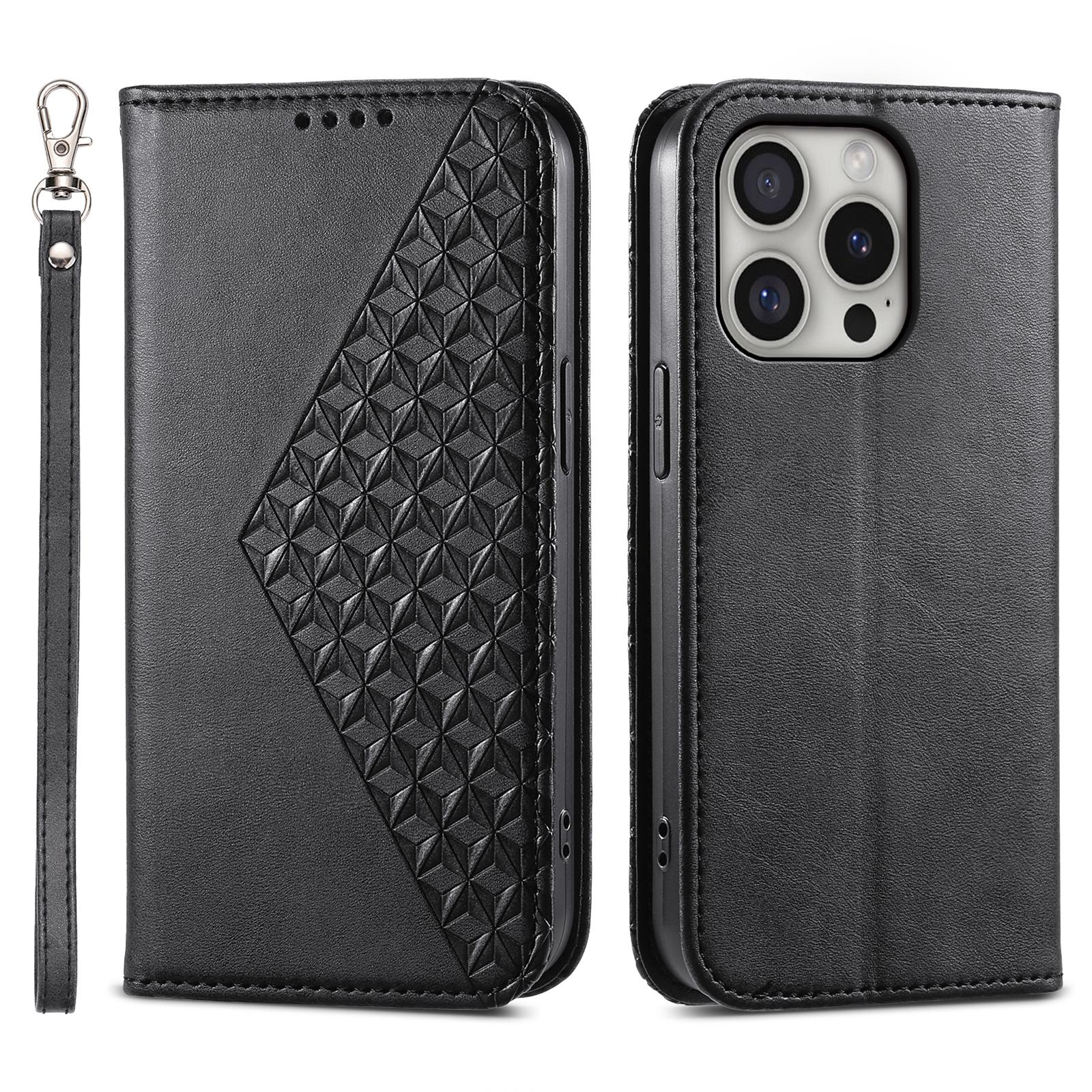 

For iPhone 16 Pro Wallet Phone Case Imprinted PU Leather Flip Cover Black