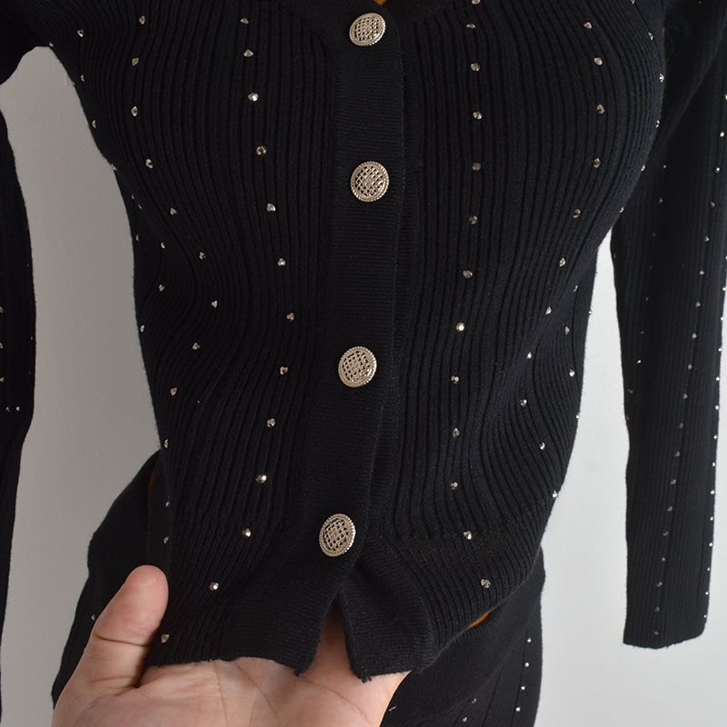 Stylish Heavy Industry Shiny Hot Drilling Knitting Cardigan Women's Clothes Fall/Winter Slim Slimming Skirt Fashion Two-Piece Suit