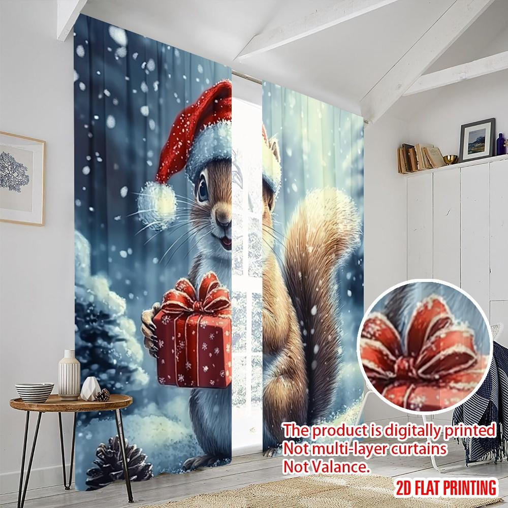 2pcs,2D Plane Printing Minimalist Curtains Cute Squirrel Christmas Gift Durable Polyester (without Rod) All Seasons Use for