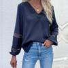 Women's Spring and Autumn Long Sleeved Shirt with Patchwork Lace Pullover, Women's V-neck Hollow Out Shirt