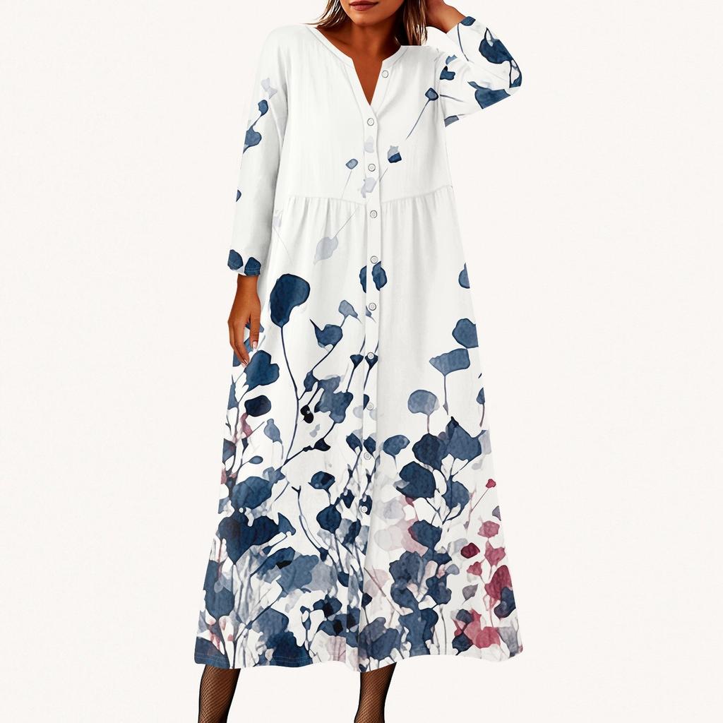 Dámské módní tištěné kulaté sedmiminutové rukávy knoflíkové volné košilové šaty