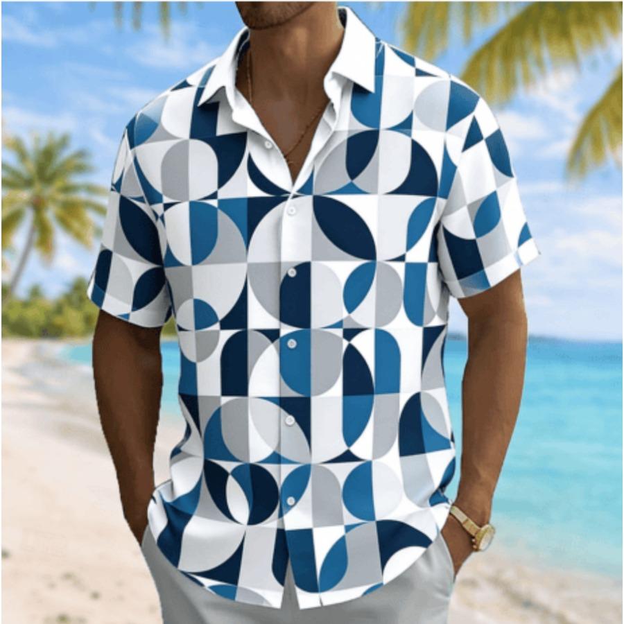 Hot Selling Men's Semi-circular Printed Short Sleeved Summer Casual Vacation Shirt, Loose Top