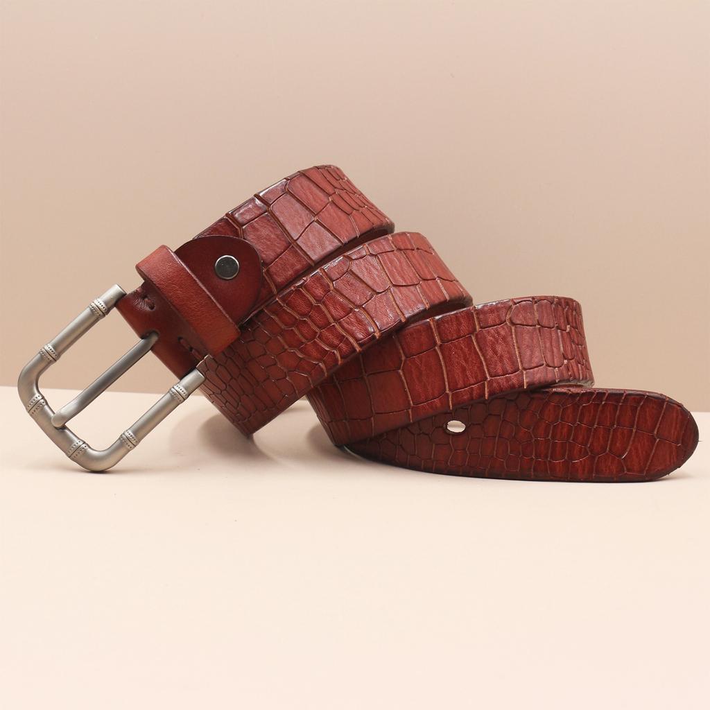 3.8CM Men's Belt Genuine Leather Belt Casual Retro Washing Crocodile Pattern Head Layer Cowhide Belt