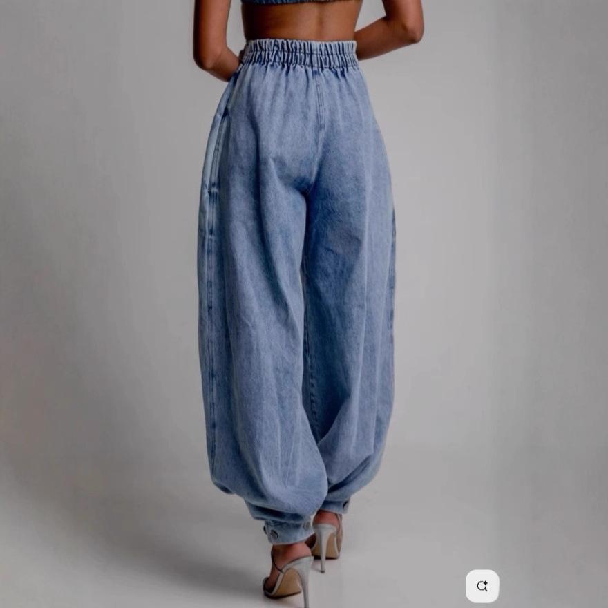 High Waisted Front Zipper Baggy Harem Jeans Vintage Streetwear Washed Blue Loose Tapered Buttoned Ankle Casual Denim Trousers