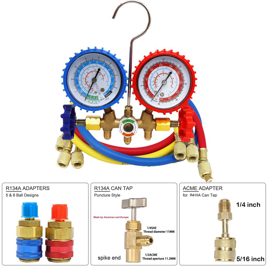 Refrigerant Manifold Gauge Set Air Conditioning Tool for R12 R22 R502 R134a Air Condition Refrigeration Tool with Hose Hook